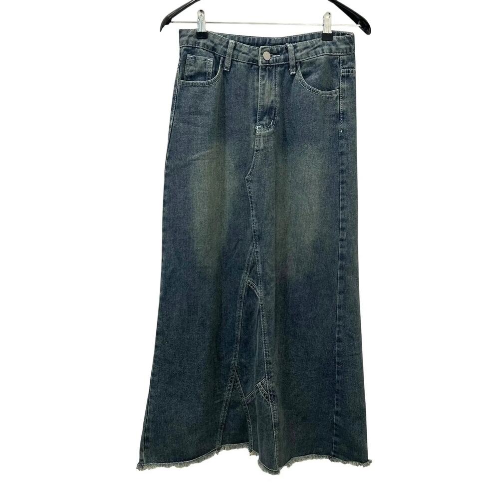 Fashion Jeans Skirt Womens M Blue Denim Long Maxi A Line Slit Frayed Hem